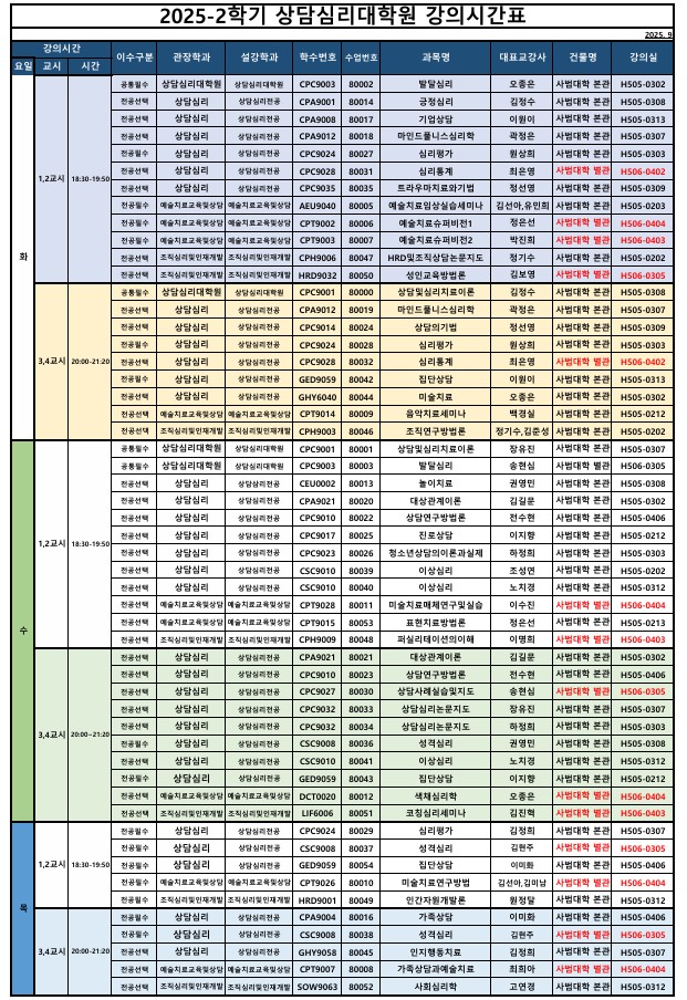 2025-2 상담심리대학원 시간표